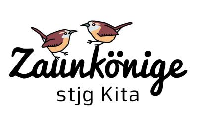 Eine Illustration von zwei Zaunkönigen über dem Schriftzug der Kita Zaunkönige
